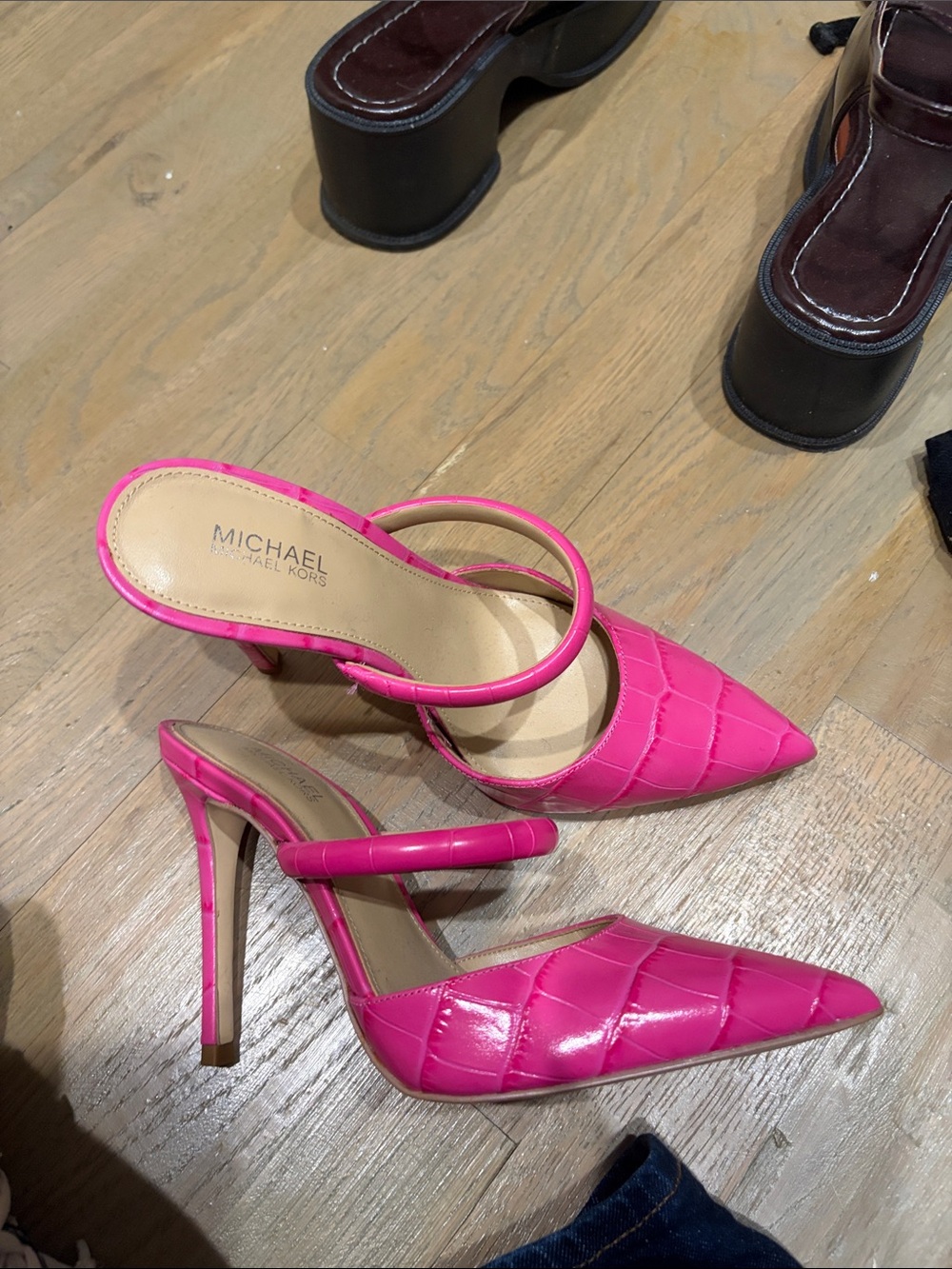 MICHAEL Michael Kors Hot Pink Croc-Embossed Pointed Toe Stiletto Mules